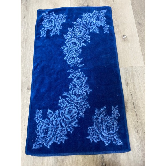 Unbranded Other - Vintage Cobalt Blue Rose Floral Hand Towel Reversible Damask Pattern Terry